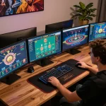 Engaging gameplay session at Upintogel online casino with multiple live games displayed on screens.