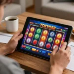 Bermain slot TOKYO88 di rumah, terlibat dalam permainan online berwarna-warni di tablet.