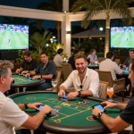 Excited players engaged in sports betting at nk88 nhà cái uy tÃn terrace, live match screens in background