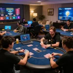 Engaging in online poker gameplay at C168 with friends in a vibrant home setting.