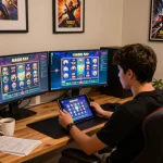 Engage in slot gacor hari ini gameplay on tablet in a modern home office setup, showcasing a vibrant gaming environment