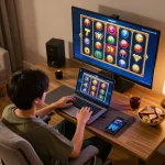 Experience slot gacor hari ini with live gameplay on a laptop in a cozy home setting