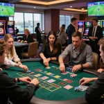 SBOBET live sports betting with diverse friends at a vibrant casino table.