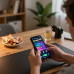Engaged player using Megaplus88 mobile app for online casino gaming, cozy home setup