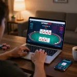 Engaging poker gameplay on LOTUS333 shown on a laptop, cozy home environment.