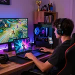 Gamer immersed in 789P GG gameplay, showcasing vibrant graphics and a cozy setup.