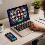 Bermain permainan toto slot yang menarik di laptop, menampilkan gulungan yang cerah dan pengaturan permainan modern.