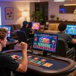 Engaged players using app tr88 for online gaming in a lively casino environment.