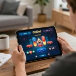 Player using tablet for login and registration at 918Kaya in a cozy home environment