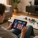 Engaging in online gaming at SC88 from a cozy home environment with a tablet in hand.