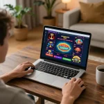 Player enjoying online casino games at home on god55 platform with laptop and coffee.