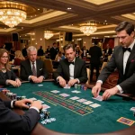 Pemain yang terlibat di meja blackjack KING55 dalam suasana kasino yang mewah membuat keputusan strategis.
