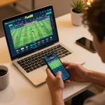 Betting on Fun88 with smartphone and laptop during an exciting sports event from home.