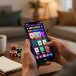 Engaging online gaming session on the dinamit4d app from a cozy living room, showcasing active bets.