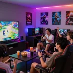 Dynamic gaming session with friends showcasing mpi2121 experience in vibrant urban setting.