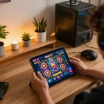 Rasakan keseruan bermain game online di Planet77 dengan seorang pemain yang terlibat dalam aksi slot di tablet.