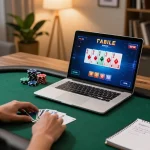 Player enjoying an online poker game using 99Win platform with vibrant display and cozy home setup.