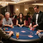 Players strategizing at MB66's exclusive poker table in a luxurious casino environment.
