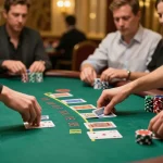Strategi pemain AJAIBTOTO di meja blackjack dengan kartu dealer dalam suasana kasino mewah.