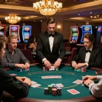Transcrime poker players engaged in high-stakes gameplay at an elegant casino table.