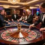 RR88 players engaging in dynamic roulette betting session at a luxurious casino table