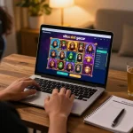 Engaging session on situs slot gacor with colorful wild ape graphics displayed on laptop during online gaming.
