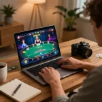 Engaged player strategizing in lode88 online poker game at home with focused intensity