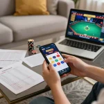 Play the KKWIN app on a smartphone in a cozy home setting, showcasing online gaming excitement.