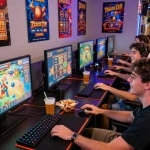 Friends enjoying an engaging gaming session, highlighting the excitement of playing Zeus138 online slots in a lively atmosphere.