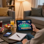 iwin online poker session on tablet with cozy home ambiance depicting responsible gambling practices