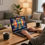 Pemain Bintangmpo menikmati slot online di rumah dengan gulungan menarik yang berputar, menampilkan suasana permainan yang menyenangkan dan bertanggung jawab.