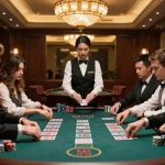 Players engage in an exciting blackjack game at BK8 casino, highlighting strategy and skill in a luxurious atmosphere