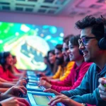 Jogadores se divertindo com higame em ambiente vibrante e colorido.