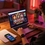 Pemain yang terlibat dengan slot online jus77 di laptop yang stylish selama sesi permainan
