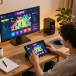 Bong88 user playing exciting casino games on tablet in a cozy home office setup.