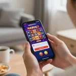 Layar login HARGATOTO ditampilkan di perangkat mobile dalam lingkungan permainan yang nyaman di rumah.