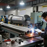 Workers assembling sumwin stainless steel pipes in a busy fabrication facility, showcasing precision and teamwork.