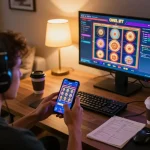 Gamer enjoying sunwin mobile slot gaming in a cozy setting with vibrant graphics and strategy notes.