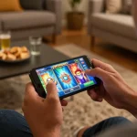 Player enjoying immersive NENG4D mobile slot gaming experience on smartphone in cozy home setting
