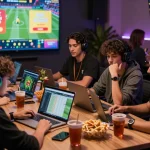Friends betting online with debet on laptops and devices in vibrant gaming atmosphere.
