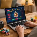 Player strategically betting on live dealer roulette at 258bet in a cozy home setting