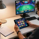 Player engaging with SC 88 online casino interface on tablet, showcasing responsible gaming in a cozy home setup.