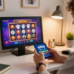 O8 player enjoying engaging mobile gaming experience with smartphone in stylish home office.