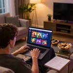 Person engaging with non UK licensed casinos on a laptop in a cozy living room setting.