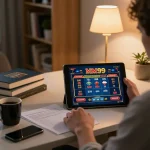 Player engaging with MM99 casino app on tablet in a cozy home setting.
