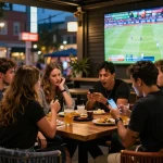 Friends enjoy a thrilling zbet sports betting experience at a lively urban bar