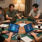 TWIN68 players enjoying an engaging online poker game at home with laptops and strategy notes.