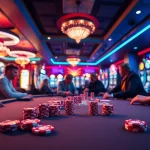 Spannende Atmosphäre beim casino spielen an einem Poker-Tisch mit Spielern und bunten Casino-Motiven.