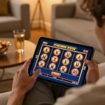 Engaged player at home enjoying lv88 slots on tablet in cozy, well-lit living room