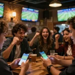 Kèo nhà cái hôm nay being reviewed on smartphone by sports betting enthusiasts at a lively sports bar